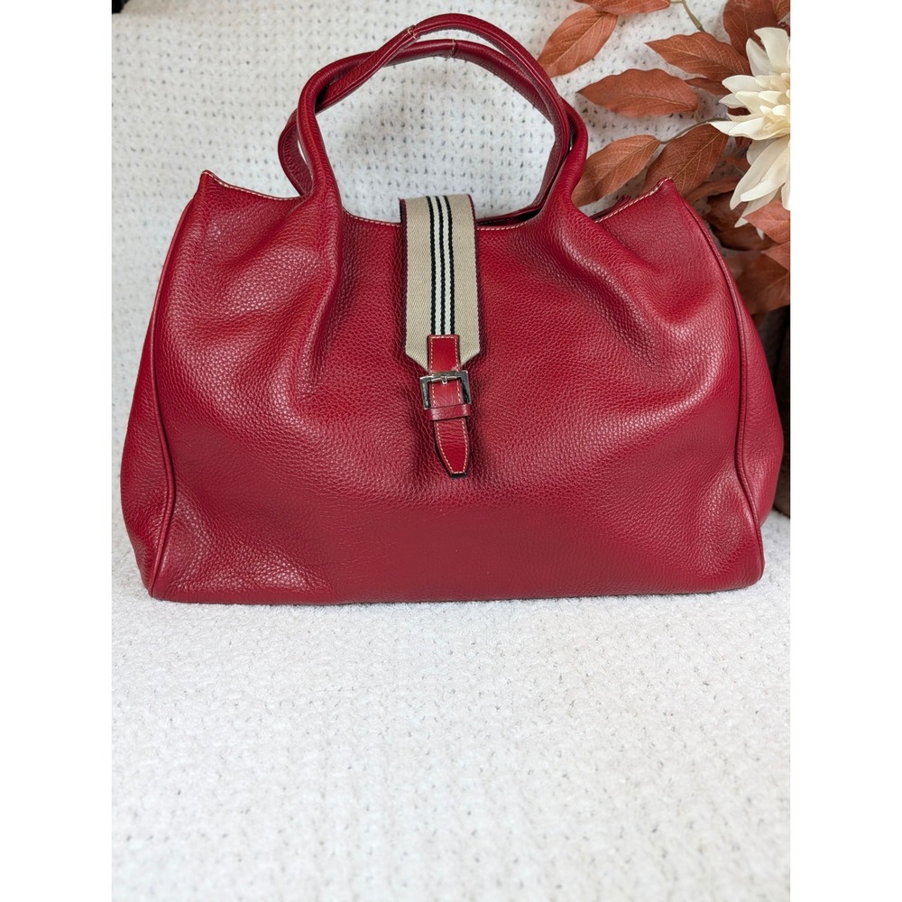 Burberry London Red Pebbled Leather Bag Striped Canvas Strap Silver Hardware